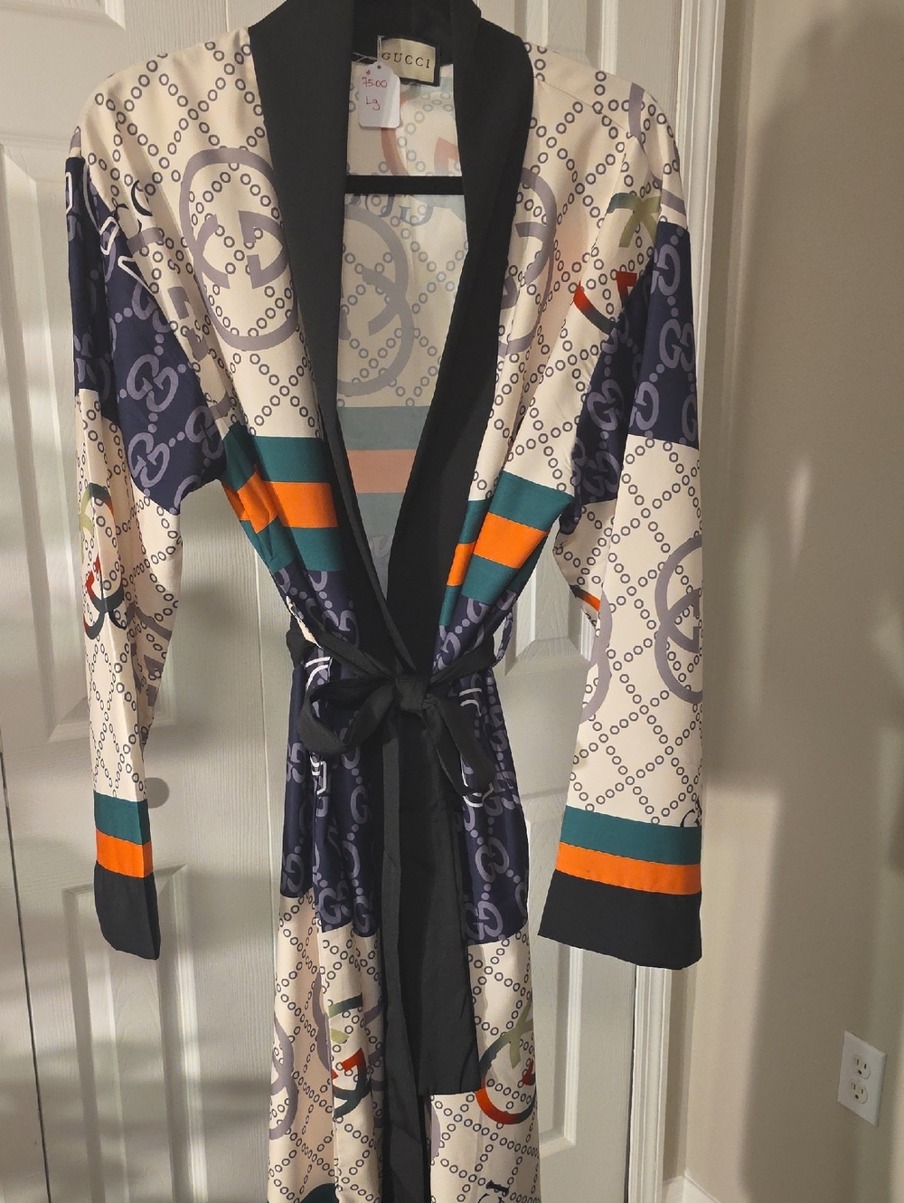 Gucci Cream, Navy & Green And Black Logo Robe/ Duster/coverup, Orange Accents